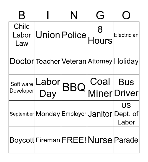 Labor Day Bingo Card