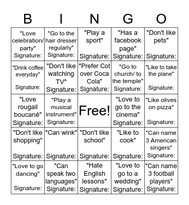 Autograph Bingo 1GA1 Bingo Card