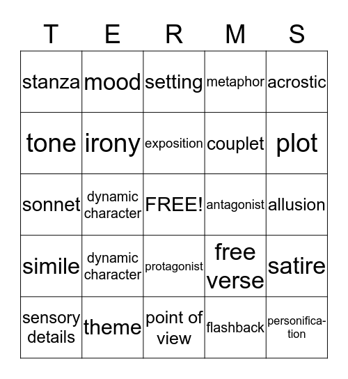 Literary / Poetry Terms Bingo Card