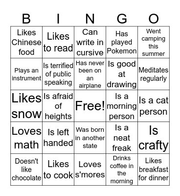 "Get to Know Your Classmates" Bingo Card