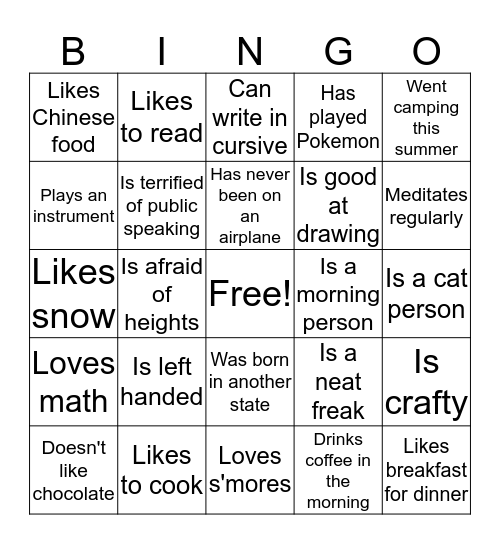"Get to Know Your Classmates" Bingo Card
