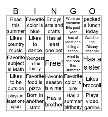All About Me Bingo Card
