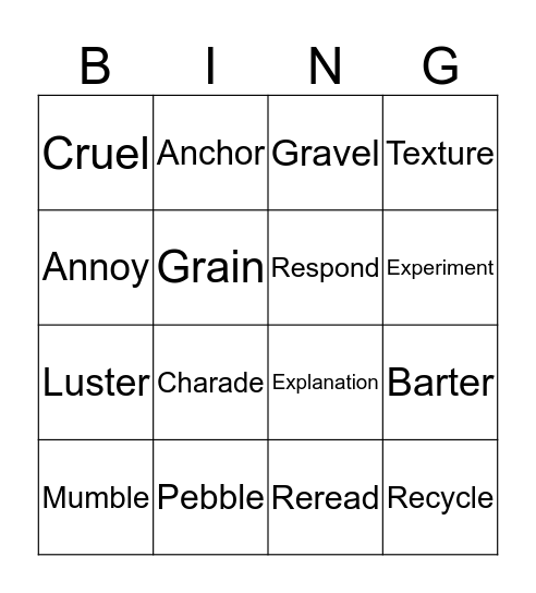 Vocabulary Bingo Card