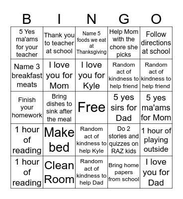 Behavior Bingo Card