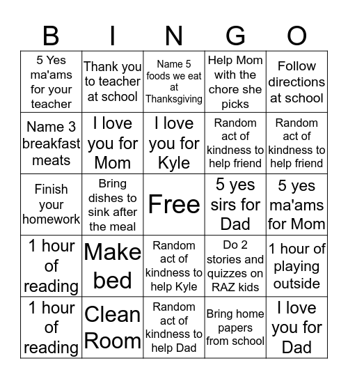 Behavior Bingo Card