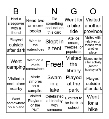Summer Memories Bingo Card