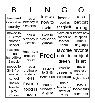 Beginning of Year BINGO Card