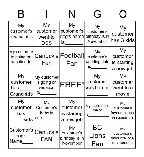 Customer Connections 25 hours or more Bingo Card