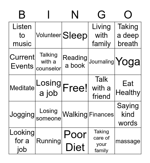 Stress & Anxiety Bingo Card