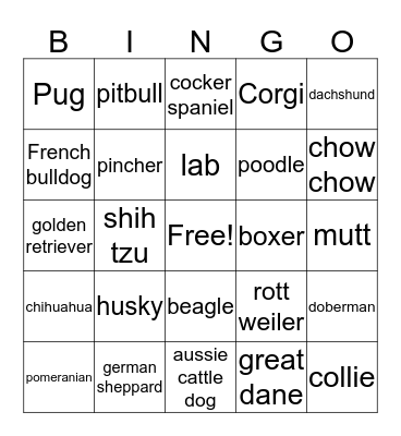 Dog Breeds Bingo Card