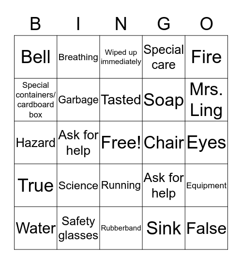 Lab Safety Bingo Card