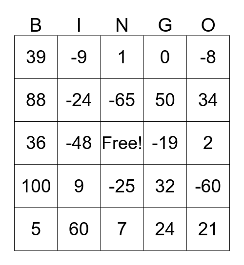 Integer Bingo Card