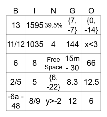 Algebra Bingo Card