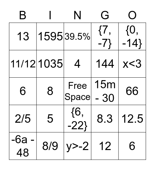 Algebra Bingo Card
