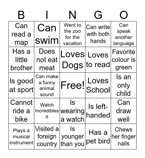 Bonding Bingo Card