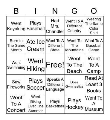 Fitness Bingo Card