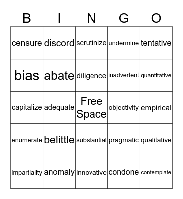 Vocabulary Bingo  Bingo Card