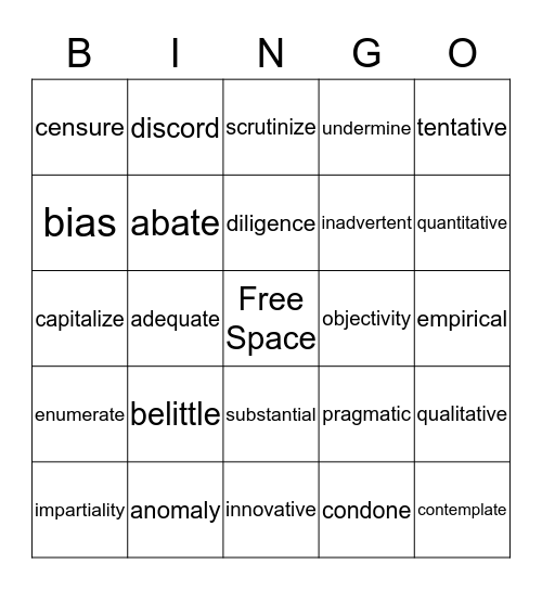 Vocabulary Bingo  Bingo Card