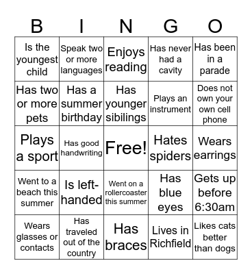 Get to know you Bingo Card