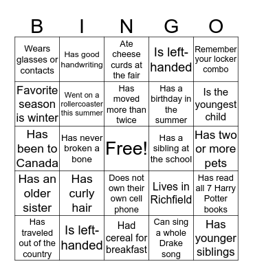 Get to know you Bingo Card