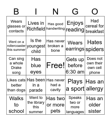 Get to know you Bingo Card