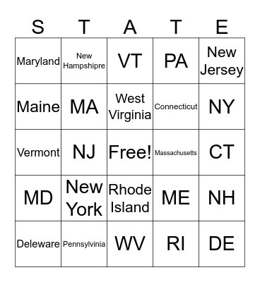 New England & Mid-Atlantic States  Bingo Card