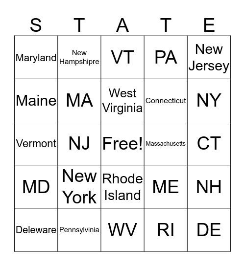 New England & Mid-Atlantic States  Bingo Card