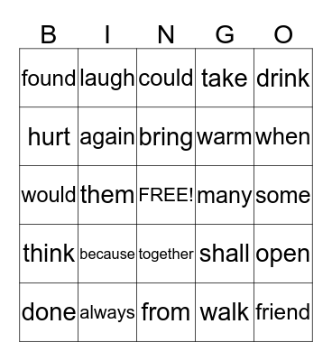 High Frequency Words Bingo Card