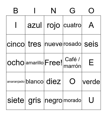 LOS COLORES, VOCALES Y NUMEROS Bingo Card
