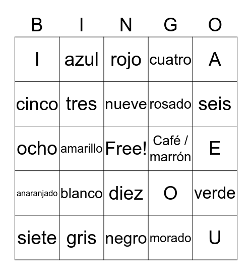 LOS COLORES, VOCALES Y NUMEROS Bingo Card