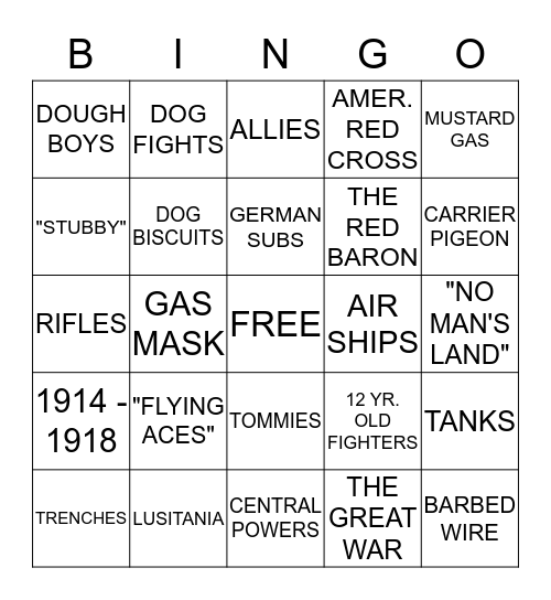 WORLD WAR I Bingo Card