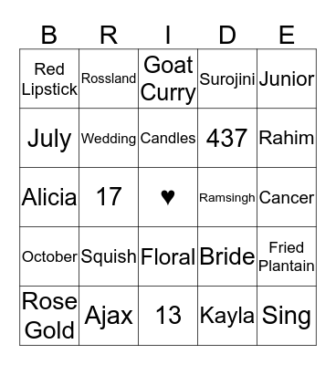 Alicia's Bridal Shower Bingo Card