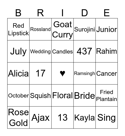 Alicia's Bridal Shower Bingo Card