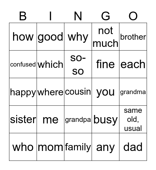 Family/Pronouns/WH-words Bingo Card