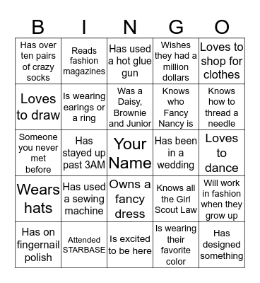 GIRL SCOUT FASHIONISTA Bingo Card