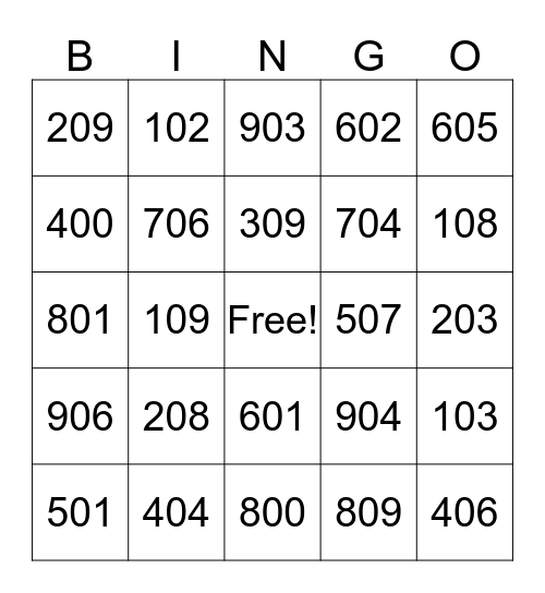 Number Bingo Card