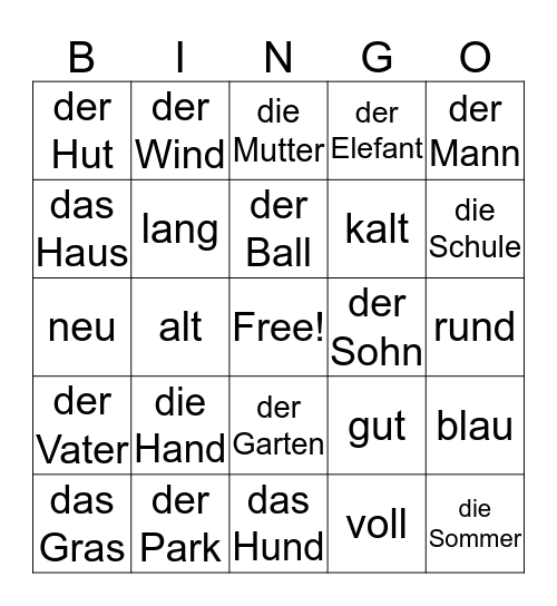German Cognates Bingo Card