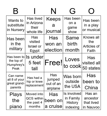 Queen Creek Station Empty Nesters Bingo Card
