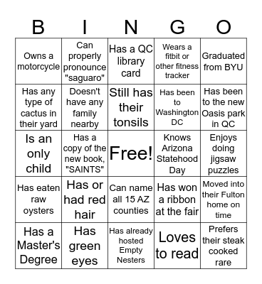 Queen Creek Station Empty Nesters Bingo Card