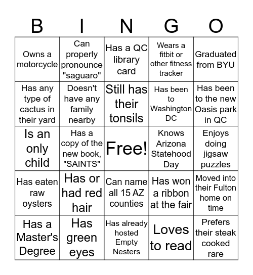 Queen Creek Station Empty Nesters Bingo Card