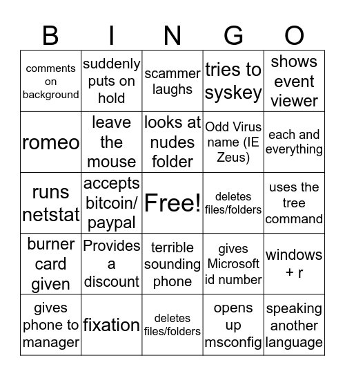 Scammer Bingo Card