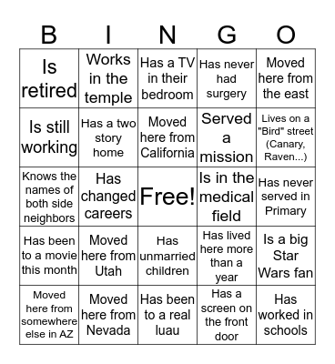 Queen Creek Station Empty Nesters Bingo Card