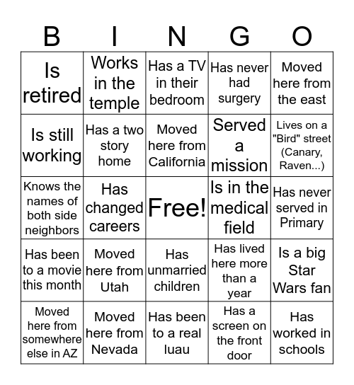 Queen Creek Station Empty Nesters Bingo Card