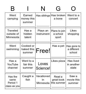 Summer Break Bingo Card