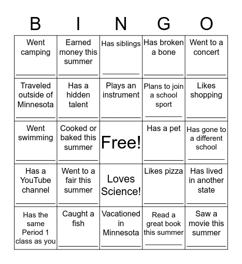 Summer Break Bingo Card