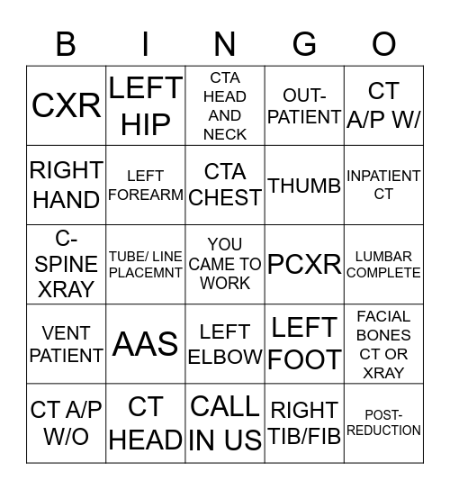 XRAY BINGO Card