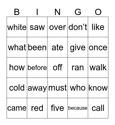 Hadley’s Sight Words Bingo Card