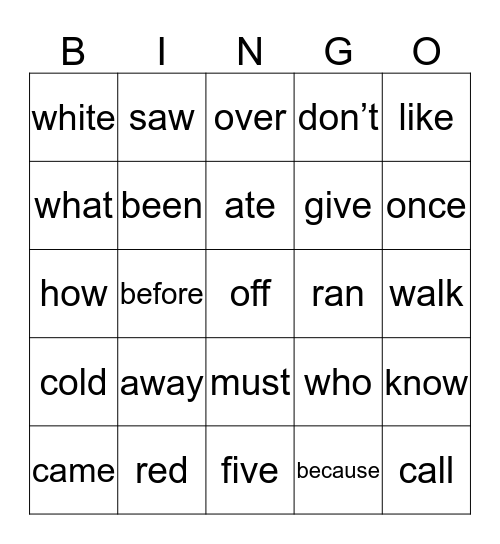 Hadley’s Sight Words Bingo Card