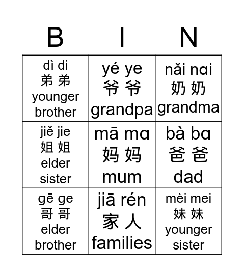 家人 families Bingo Card