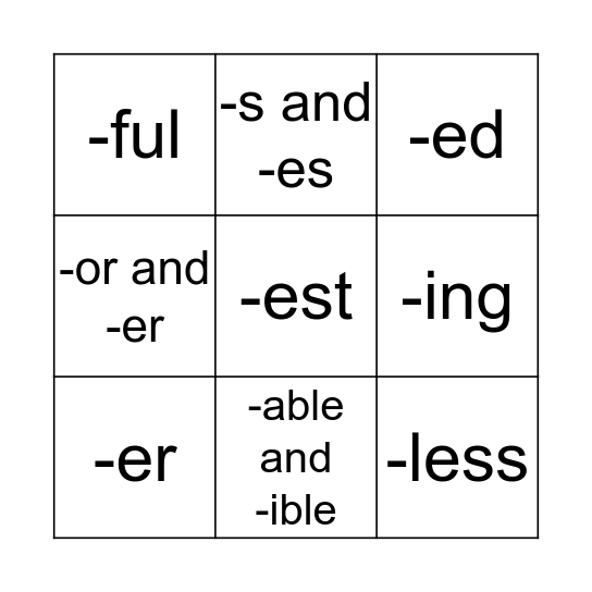 Suffix Bingo Card